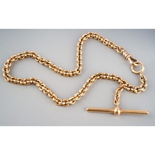 179 - Gold Albert chain with T bar, unmarked but tested as 14/15ct. Total length approx. 31 cm. Gross weig... 