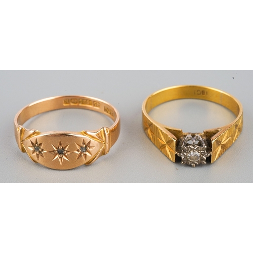 181 - 15ct gold ring set with 3 diamond chips ( 2.5g) and 18ct gold and diamond chip ring (2.9g )