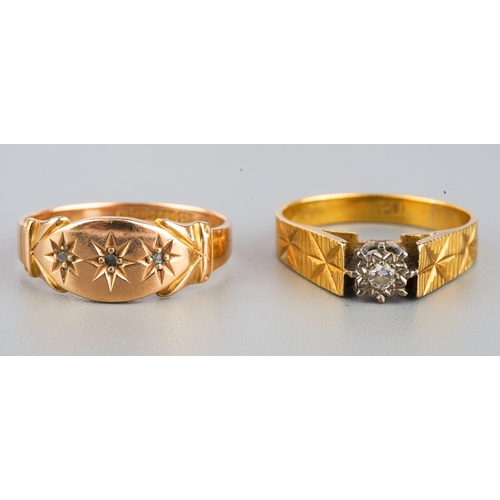 181 - 15ct gold ring set with 3 diamond chips ( 2.5g) and 18ct gold and diamond chip ring (2.9g )