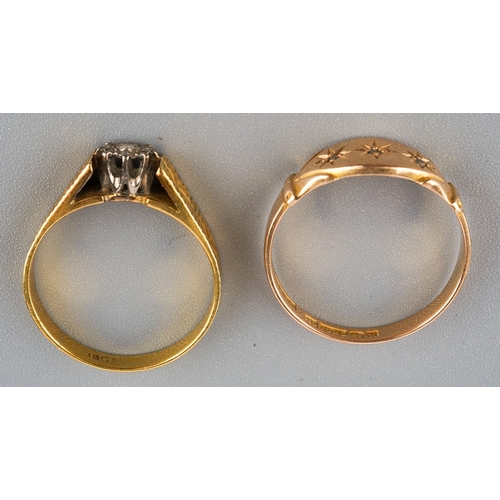 181 - 15ct gold ring set with 3 diamond chips ( 2.5g) and 18ct gold and diamond chip ring (2.9g )