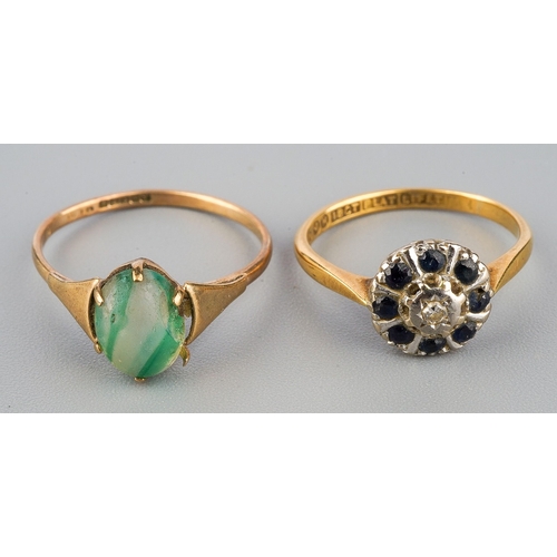 185 - 18 ct gold ring  set with sapphires in a cluster
(2.2g ) together with a green stone 9 ct gold ring ... 