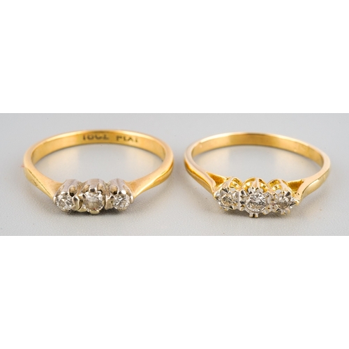 186 - Two  18 ct 3 stone rings, gross weight 4.1g