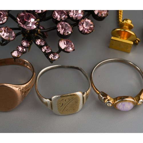 202 - 9 ct gold signer ring (5g), white metal signet ring, silver Rolls Royce stud, opal dress ring, etc