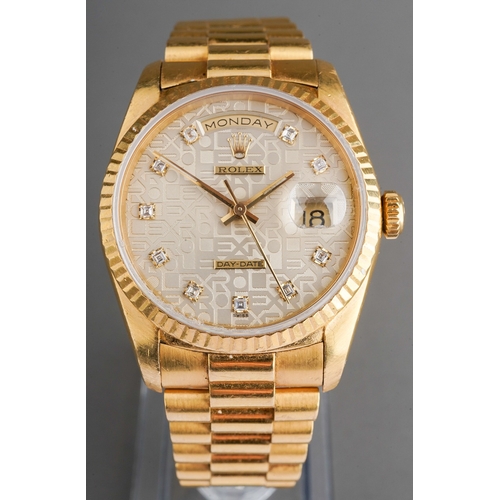 206 - Rolex- a gentleman's 18ct gold diamond-set Day-Date wristwatch, jubilee dial with diamond hour marke...