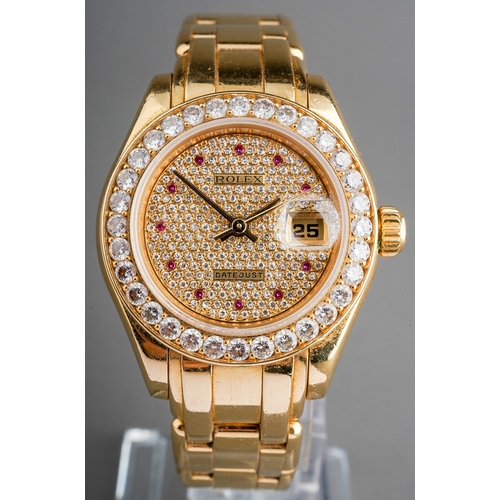 207 - Rolex - a ladies 18ct gold and diamond-set Pearl Master Date-Just wristwatch, pave-set diamond dial ...