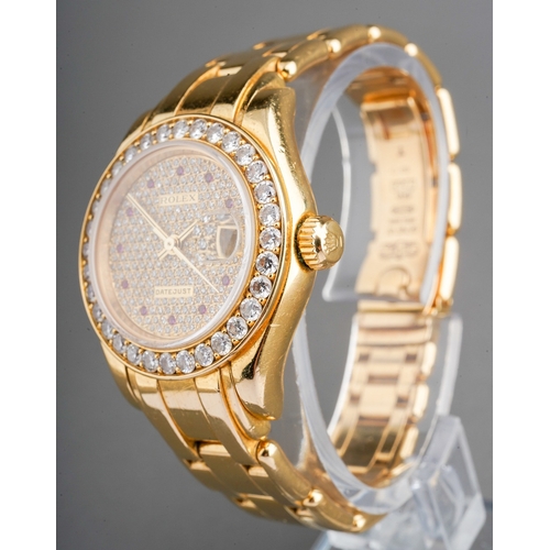 207 - Rolex - a ladies 18ct gold and diamond-set Pearl Master Date-Just wristwatch, pave-set diamond dial ... 