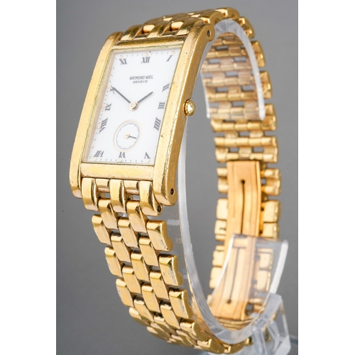 208 - A gentleman Raymond Weil 18k gold-plated wristwatch, rectangular white enamel dial with Roman numera... 