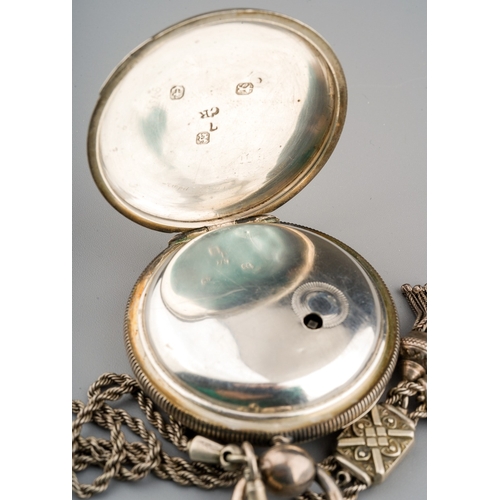 219 - Antique Hallmarked Silver pocket watch and unmarked white metal chain. Movement marked William Webb,... 