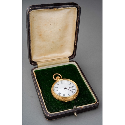 222 - A ladies continental 18k yellow gold fob watch, circular white enamel dial with Roman numerals, case... 