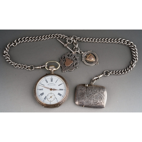 232 - An early 20th Century Swiss silver cased open face pocket watch, with enamel dial with Roman numeral... 