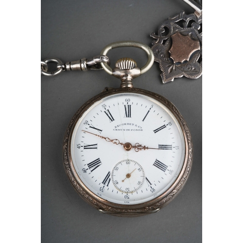 232 - An early 20th Century Swiss silver cased open face pocket watch, with enamel dial with Roman numeral... 