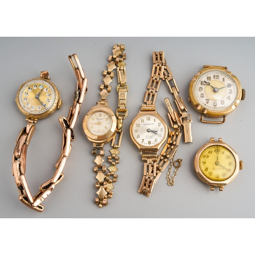 235 - Group of gold ladies watches to include 4 9 ct ladies wristwatches, two with 9 ct gold straps, one w... 