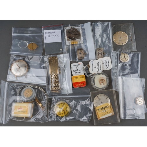 238 - Collection of assorted Omega and Rolex watch parts including movements , replacement parts, dials, g... 