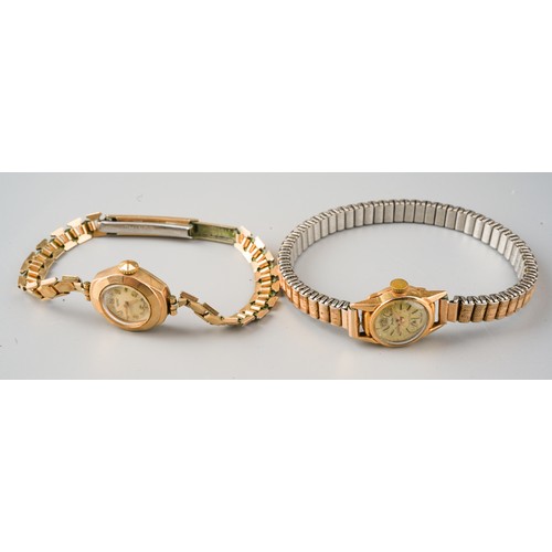 243 - Two ladies gold ladies watches on plated straps. One watch  marked 18k, other 9 ct.