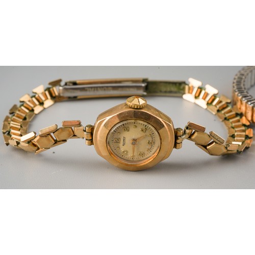 243 - Two ladies gold ladies watches on plated straps. One watch  marked 18k, other 9 ct.