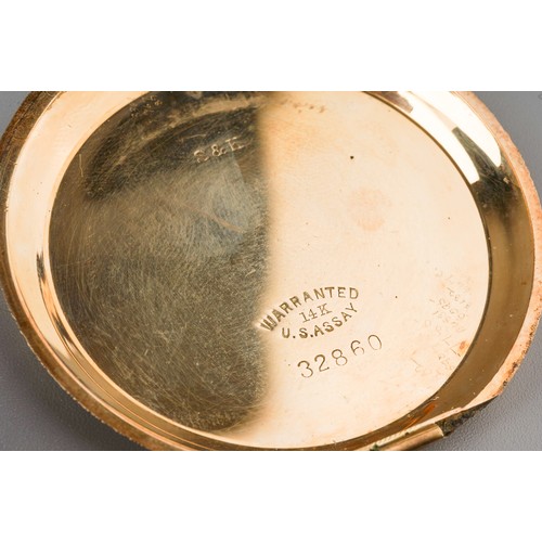 250 - 14 ct gold Parker and Davis pocket watch, rear cover detached. Gross weight including movement 110g.... 