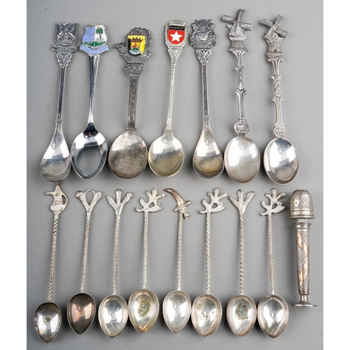 271 - A collection of white metal and EPNS souvenir and twist stem teaspoons and a 19th Century engraved w... 