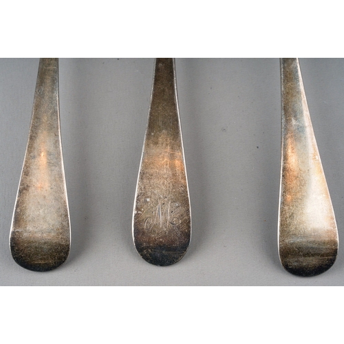 278 - Three Georgian Old English pattern silver tablespoons, comprising a pair, maker Samuel Godbehere, Ed... 