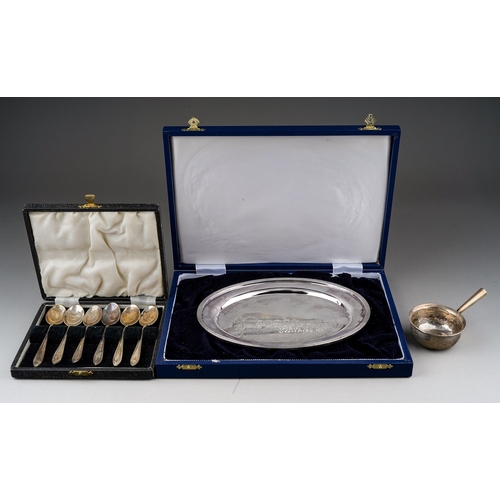 290 - A collection of silver to include: Modern oblong shaped presentation dish, embossed with a large clu... 