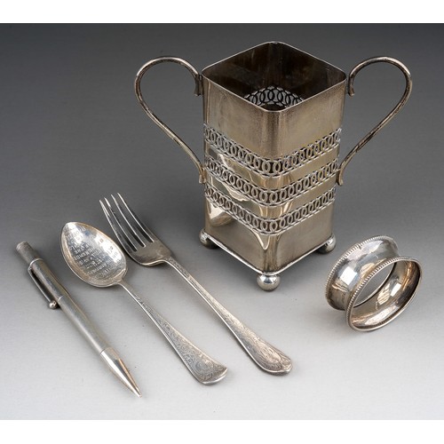 295 - A George V silver two handled cruet bottle holder on ball feet with pierced sides, hallmarked by S J... 