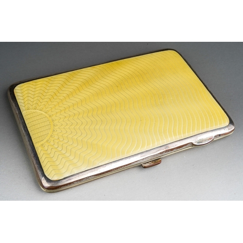 299 - An Art Deco white metal probably silver (untested) and yellow guilloche cigarette case, sun radial d... 