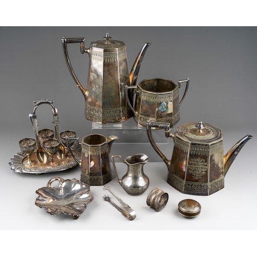 305 - A late Victorian silver plate presentation tea and coffee service, the teapot with inscription dated... 