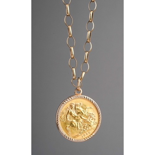 315 - An Elizabeth II 1966 sovereign, mounted in a pendant fitting, on a 9ct gold belcher-link chain, tota... 