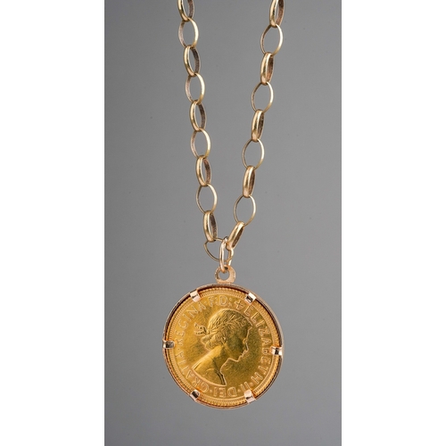 315 - An Elizabeth II 1966 sovereign, mounted in a pendant fitting, on a 9ct gold belcher-link chain, tota... 