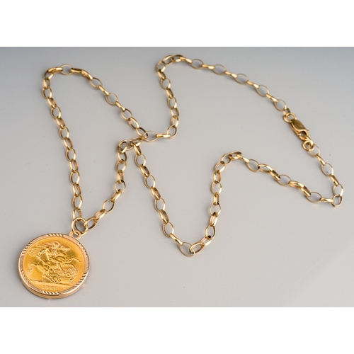 315 - An Elizabeth II 1966 sovereign, mounted in a pendant fitting, on a 9ct gold belcher-link chain, tota... 