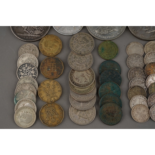 326 - Assorted Victorian and later coins to include: Victorian crown 1891; George VI six pence coins, thre... 