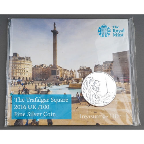 334 - A Royal Mint The Trafalgar Square 2016 UK £100 Fine Silver Coin, with cardboard and plastic packagin... 