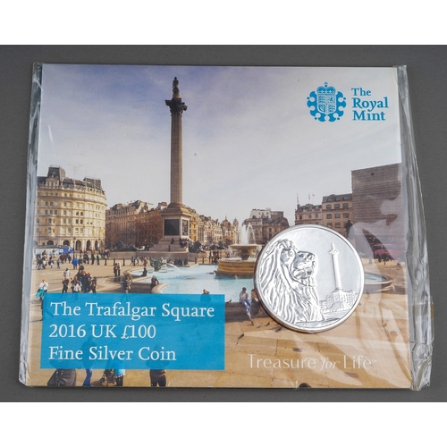 335 - A Royal Mint The Trafalgar Square 2016 UK £100 Fine Silver Coin, with cardboard and plastic packagin... 