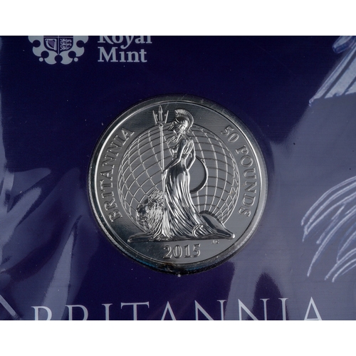 336 - Two Royal Mint Britannia 2015 UK £50 Fine Silver Coins, both with cardboard and plastic packaging (2... 