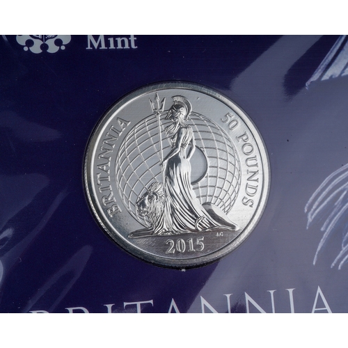 336 - Two Royal Mint Britannia 2015 UK £50 Fine Silver Coins, both with cardboard and plastic packaging (2... 