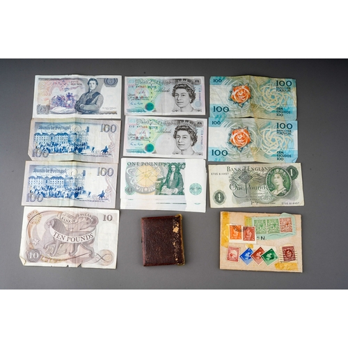 339 - Bank notes to include English £5 ones, 100 euros note and Portuguese notes together with few stamps ... 