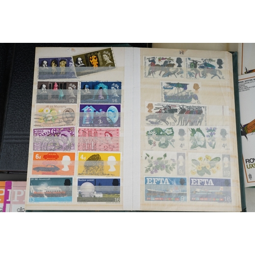 346 - Assorted stamps to include: two Albums, one small green with stamps, 11 Philatelic Bulletin guides, ... 