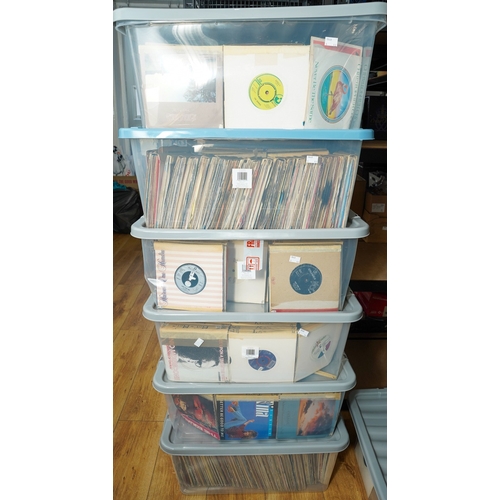 367 - 13 large boxes of 7 inch single records, these 45's have been alphabeticalized and taped in sections... 