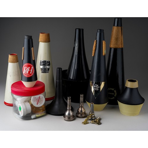 380 - Assorted musical Mutes for Trombone, Trumpet etc together with various mouthpieces, Trombone cleanin... 