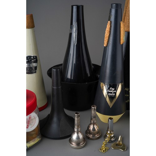 380 - Assorted musical Mutes for Trombone, Trumpet etc together with various mouthpieces, Trombone cleanin... 