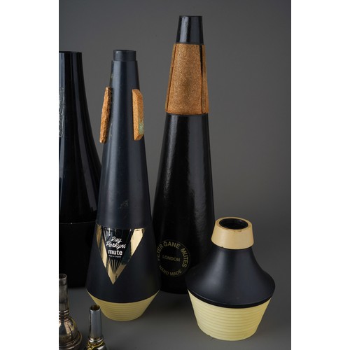 380 - Assorted musical Mutes for Trombone, Trumpet etc together with various mouthpieces, Trombone cleanin... 