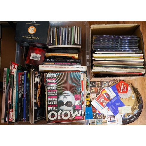 384 - Glam rock and other music interest: Two boxes of books, magazines, cassette sleeves, LP labels, CDs,... 