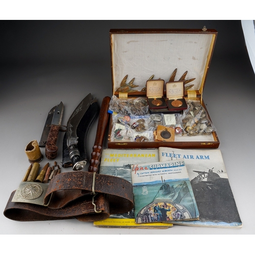 395 - A box of militaria including bayonet & Kukri