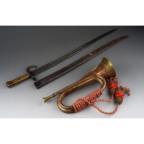 396 - A Chassepot bayonet and scabbard, both numbered D 5941 and an Argyle and Sutherland copper Regimenta... 