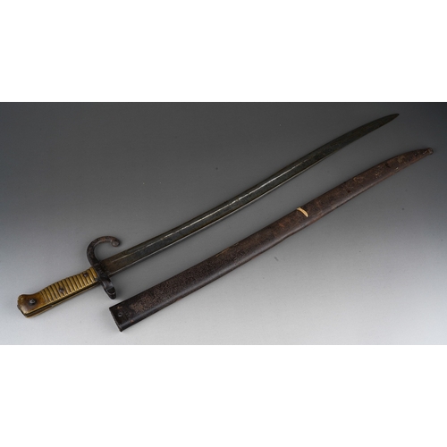 396 - A Chassepot bayonet and scabbard, both numbered D 5941 and an Argyle and Sutherland copper Regimenta... 