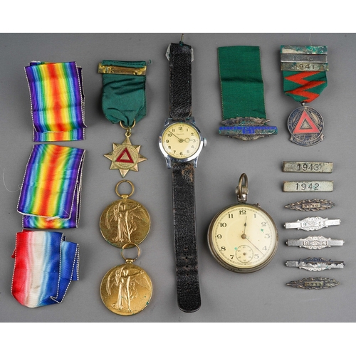 399 - A set of two WWI medals and other ribbons, medallions and bars, including safe driving, together wit... 