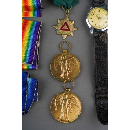 399 - A set of two WWI medals and other ribbons, medallions and bars, including safe driving, together wit... 