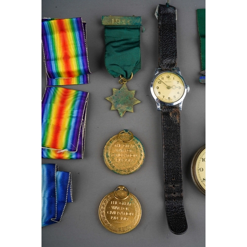 399 - A set of two WWI medals and other ribbons, medallions and bars, including safe driving, together wit... 