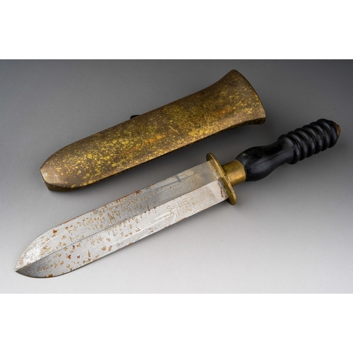 402 - A Siebe Gorman diver's knife with turned handle, brass scabbard and leather belt strap