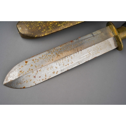 402 - A Siebe Gorman diver's knife with turned handle, brass scabbard and leather belt strap