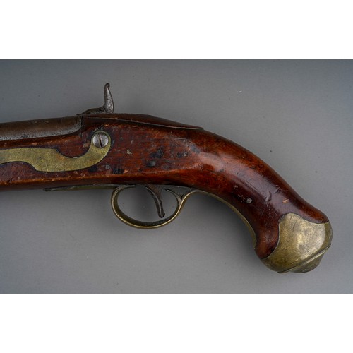 406 - A 19th century percussion pistol converted from a flint lock, stamped Tower GR, walnut with brass bu... 